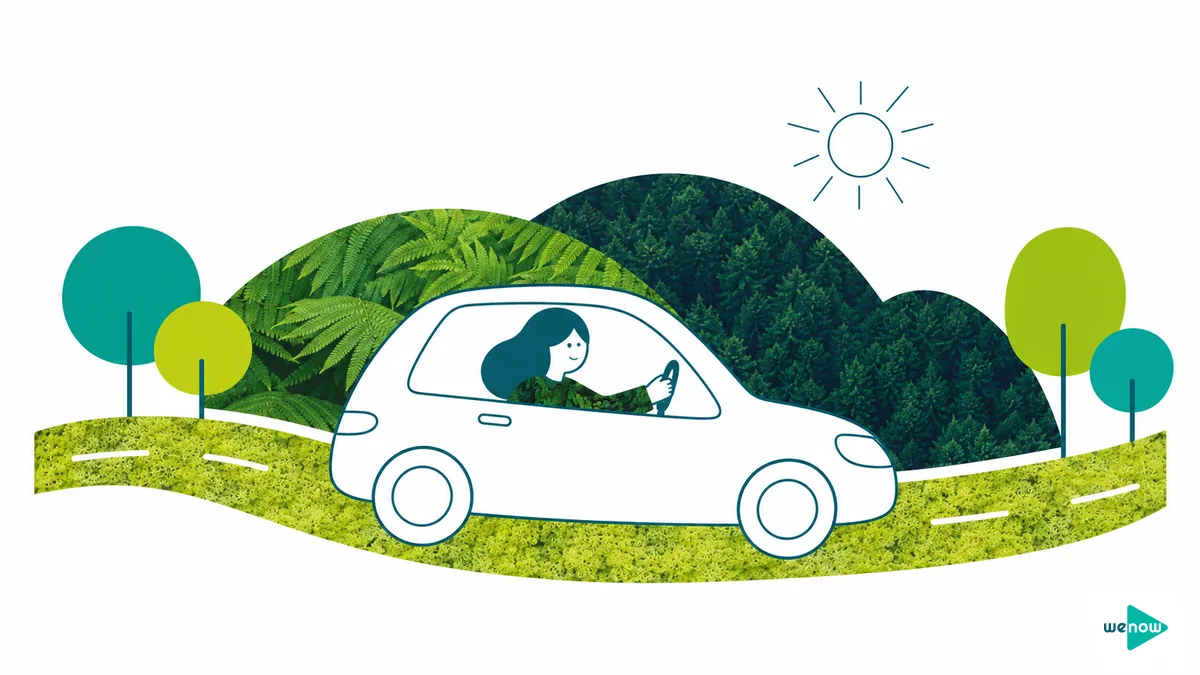 Illustration à la charte WeNow : une conductrice sereine au volant, vitesse maîtrisée, sur une route entourée de collines vertes