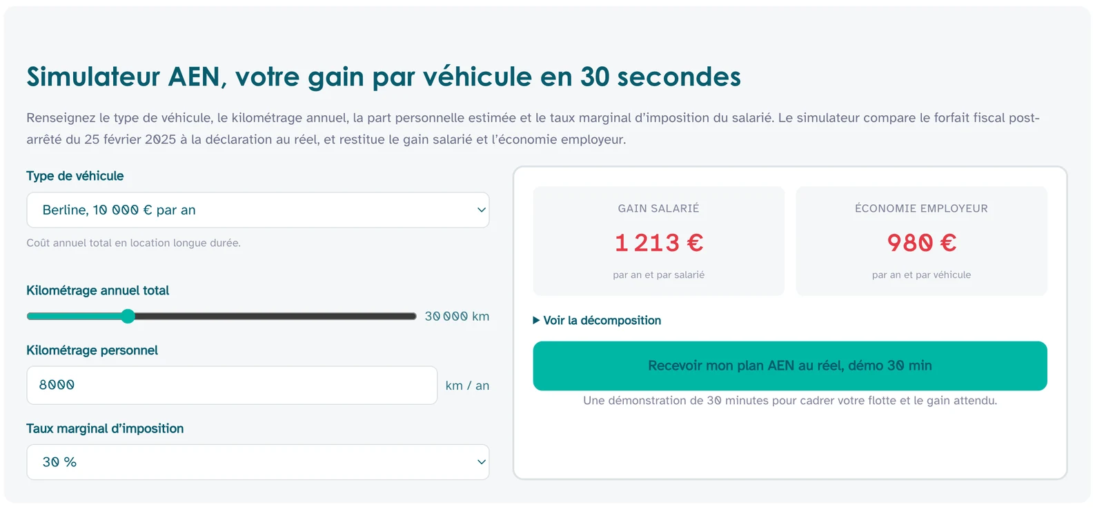 Simulateur AEN WeNow : gain salarié et économie employeur par véhicule