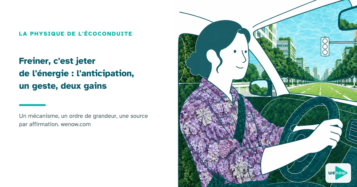 Freiner, c est jeter de l energie : l anticipation, un geste, deux gains. Illustration WeNow, la physique de l ecoconduite.