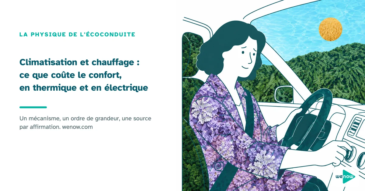 Climatisation et chauffage : ce que coute le confort, en thermique et en electrique. Illustration WeNow, la physique de l ecoconduite.