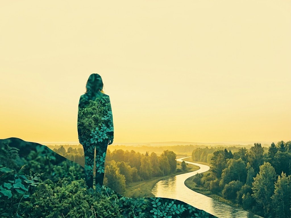 Une femme observe une vallée boisée et une rivière au lever du jour, sa silhouette remplie de feuillage, illustration WeNow sur le CO2 et le climat.