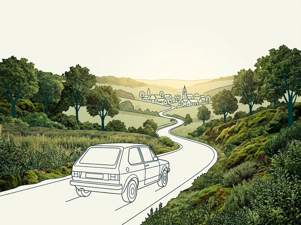 Une voiture descend une route de campagne en roue libre vers un village, illustration WeNow de l'inertie en écoconduite.