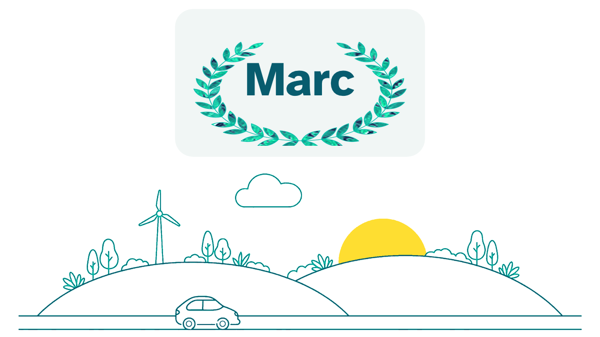Couronne de laurier aux feuilles de fougère autour du prénom Marc, paysage au trait avec éolienne, voiture et soleil
