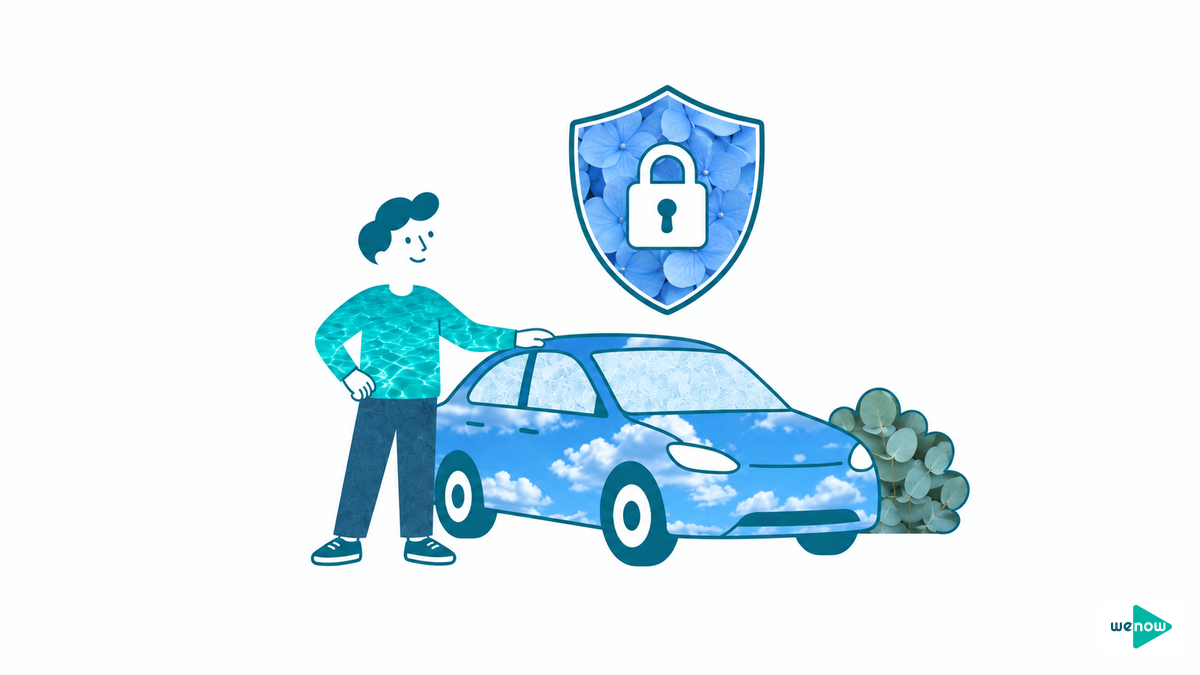 Illustration d'un conducteur serein, la main posée sur sa voiture, sous un bouclier orné d'un cadenas qui symbolise le mode privé du véhicule connecté.