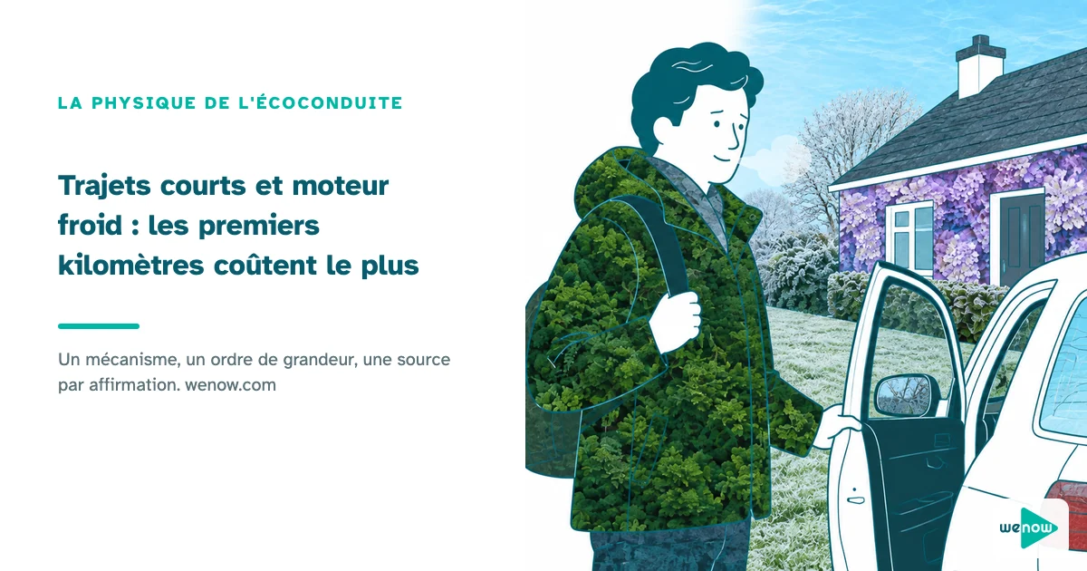 Trajets courts et moteur froid : les premiers kilometres coutent le plus. Illustration WeNow, la physique de l ecoconduite.