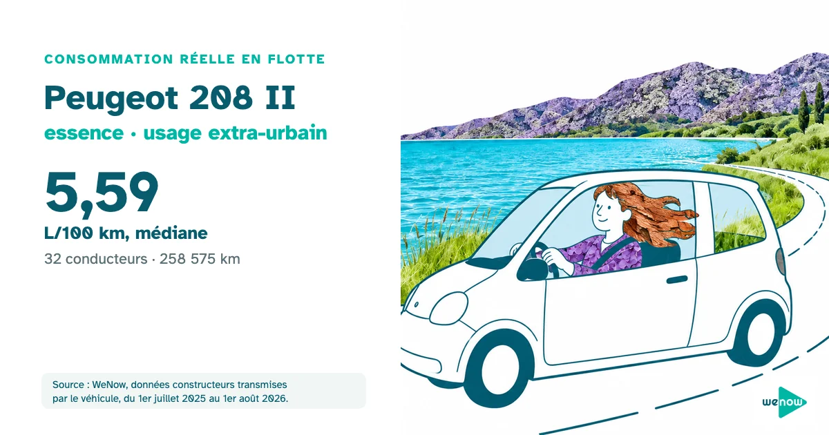 Illustration d'une jeune conductrice enjouée au volant d'une citadine dessinée au trait, cheveux au vent, sur une route qui longe un lac, consommation réelle du Peugeot 208 II essence en usage extra-urbain en flotte