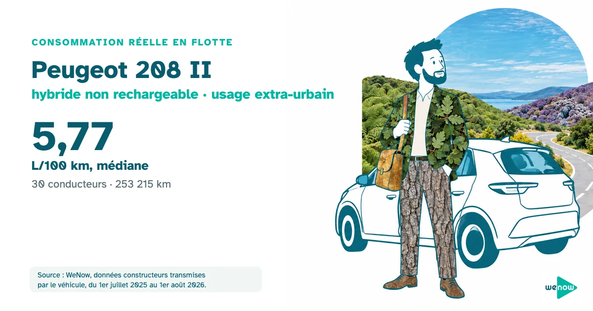 Un commercial itinérant serein au bord d'une route de campagne, à côté d'une citadine dessinée au trait, consommation réelle du Peugeot 208 II hybride non rechargeable en usage extra-urbain en flotte
