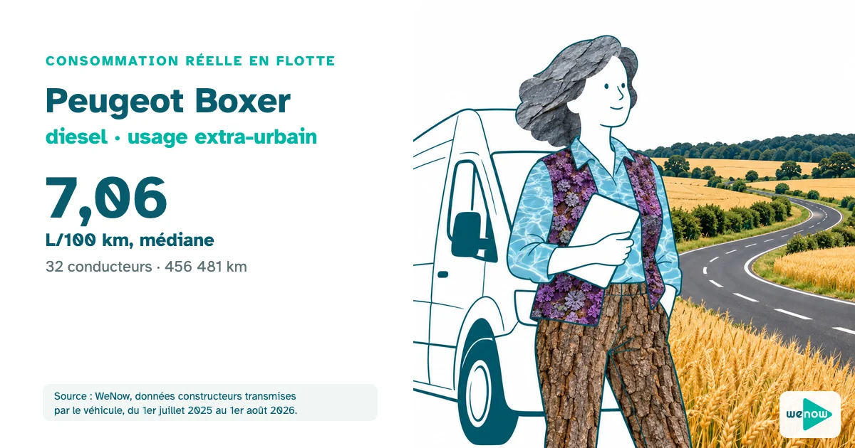 Illustration d'une responsable logistique déterminée, tablette en main, devant un grand fourgon dessiné au trait au bord d'une route entre les champs, consommation réelle du Peugeot Boxer diesel en usage extra-urbain en flotte
