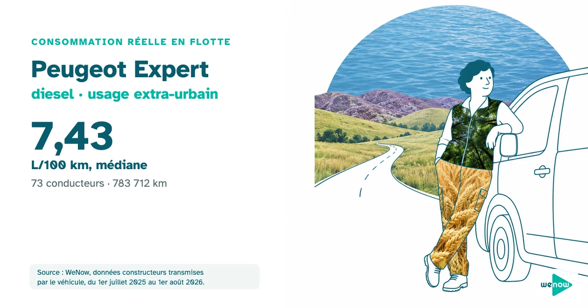 Illustration d'une technicienne confiante appuyée contre un fourgon dessiné au trait, face à une longue route de campagne, consommation réelle du Peugeot Expert diesel en usage extra-urbain en flotte