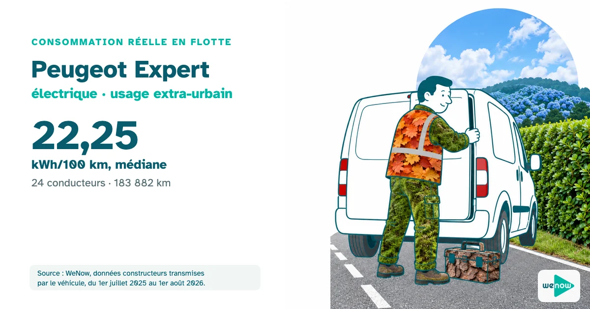 Un technicien concentré referme les portes arrière d'un fourgon électrique au bord d'une route départementale, consommation réelle du Peugeot Expert électrique en usage extra-urbain en flotte